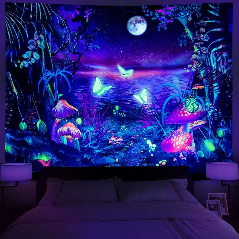 VIKAMA Brilliant Fungi Timberland Winged Insect Lunar Tarn Black Light Tapestry UV Active Surreal Wall Decor Soft Durable Cozy