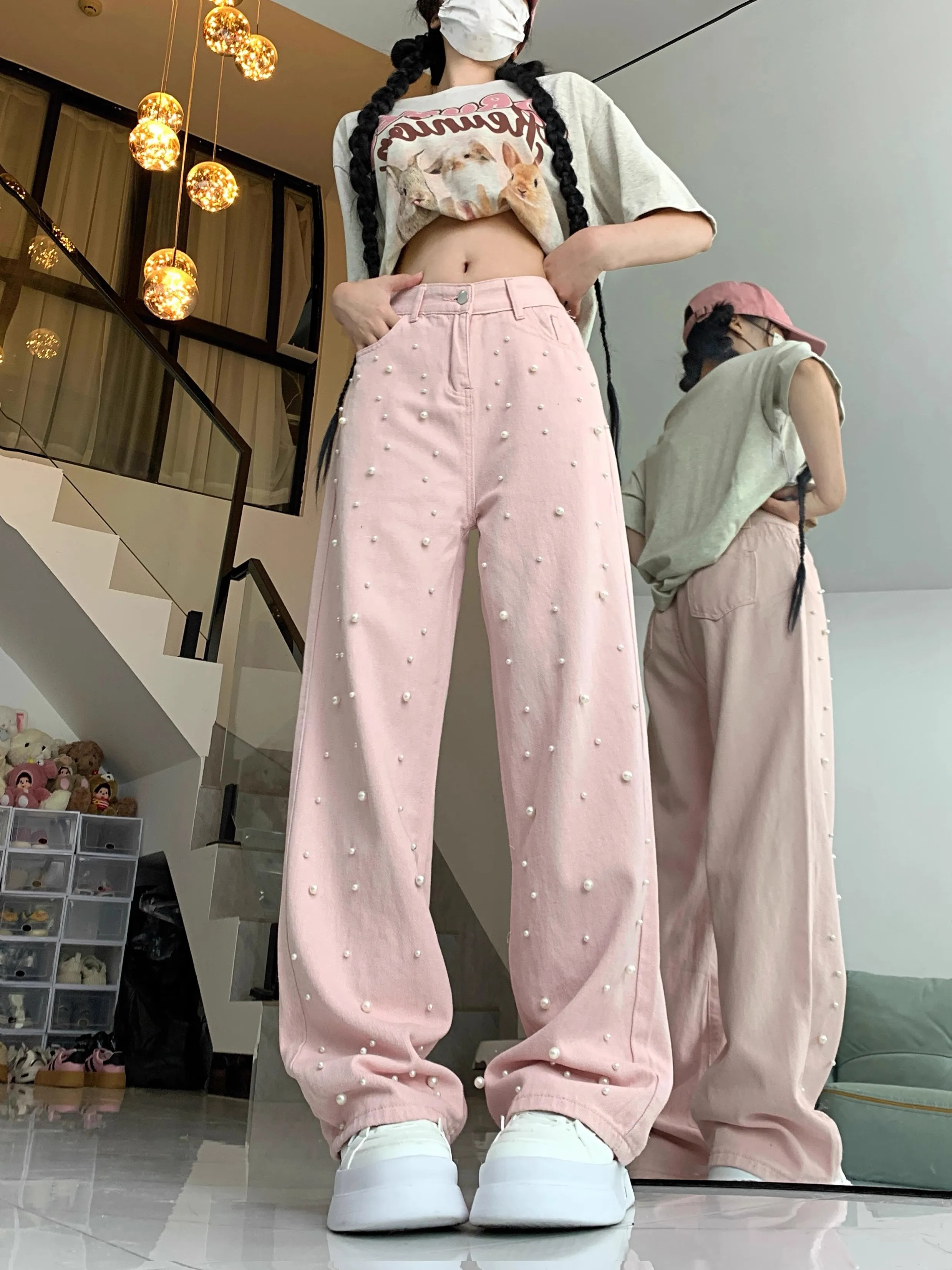 

Women's Pink Jeans Harajuku Vintage Y2k Baggy Pearls Denim Trousers Oversize Japanese 2000s Style Jean Pants Trashy Clothes 2024