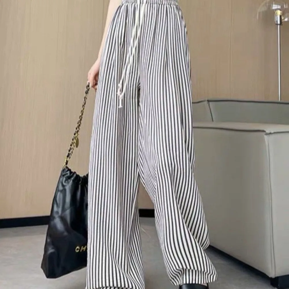 

Breathable Drawstring Ice Silk Wide Leg Pants High Waist Loose Striped Yamamoto Pants Straight Slim Summer