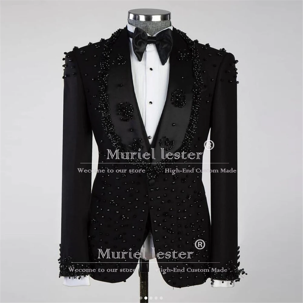 Exquisite Wedding Suits Handmade Pearls Beaded Jacket Vest Pants 3 Pieces Groom Wear Tuxedo Male Fashion Business Dinner Clothes