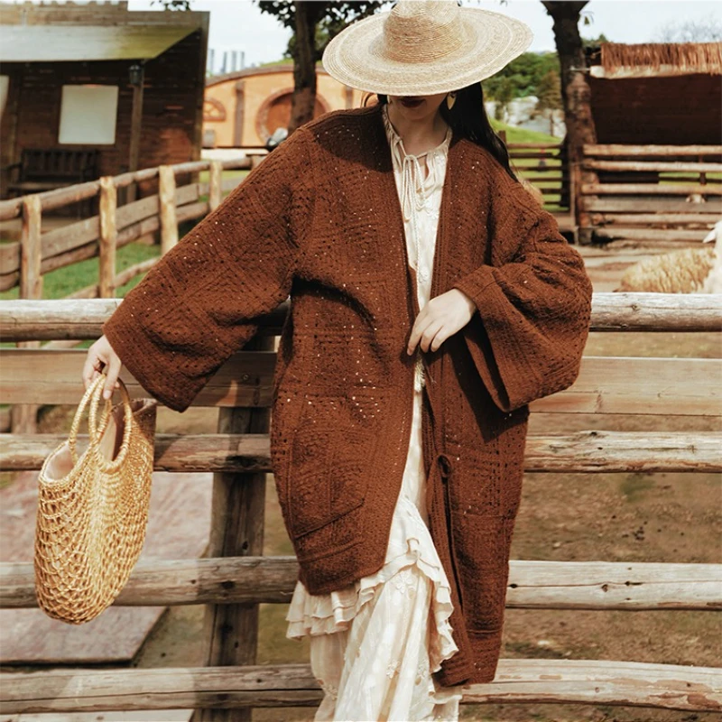 

120cm Bust Fall Long Cardigans Sweaters Women Vintage Elegant Loose Hollow Out Brown Coffee Maillard Knitted Oversized Sweaters