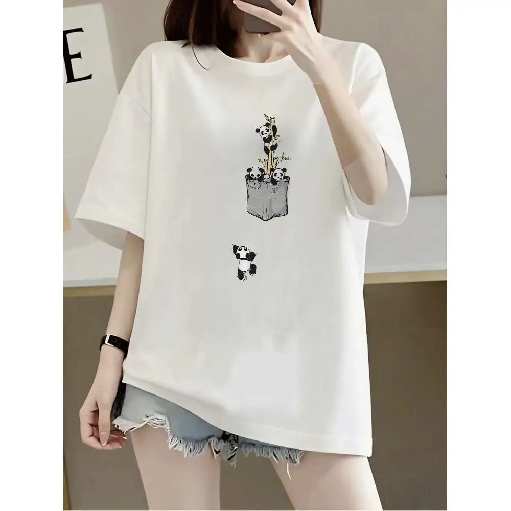 Panda Design Pocket T-Shirt Women 100% Cotton Short Sleeve Crewneck Loose Fit Casual Everyday Wear Machine Washable Gift Summer