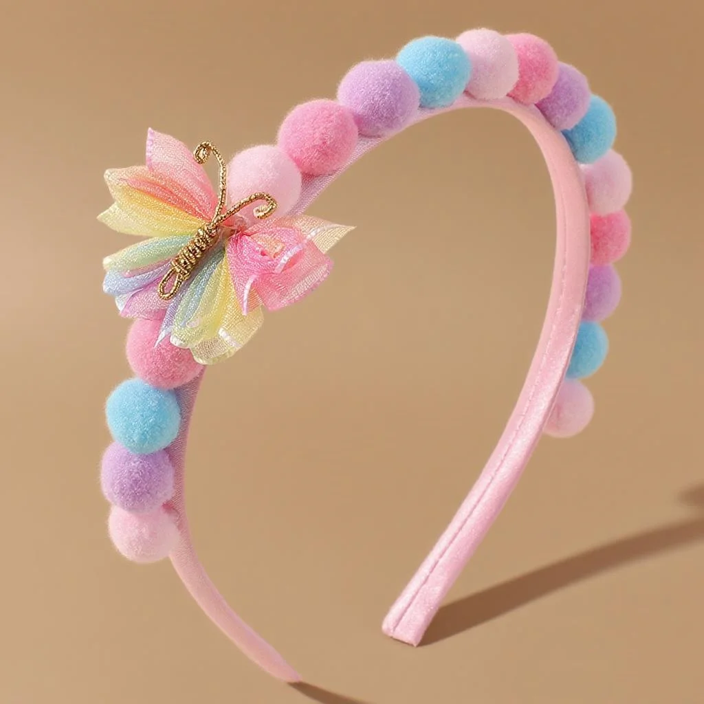 

Cute Rainbow Butterfly Hair Bands 1pcs Princess Headband with Sweet Plush Ball for Baby Girls Soft Hair Hoop Headwear Accessory
