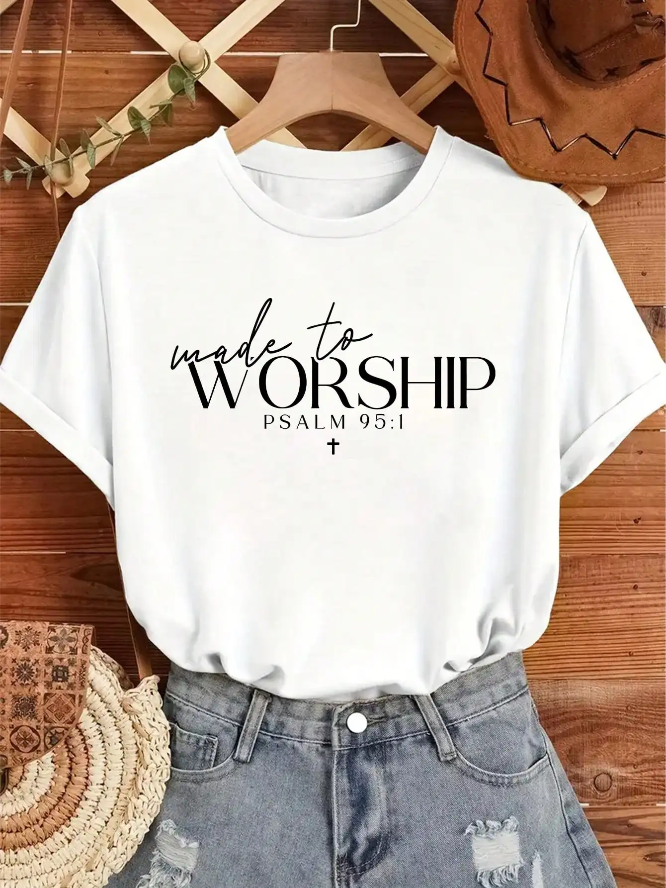 

White Casual Round Neck T-Shirt with Scripture Print, Loose Fit Short Sleeve Top