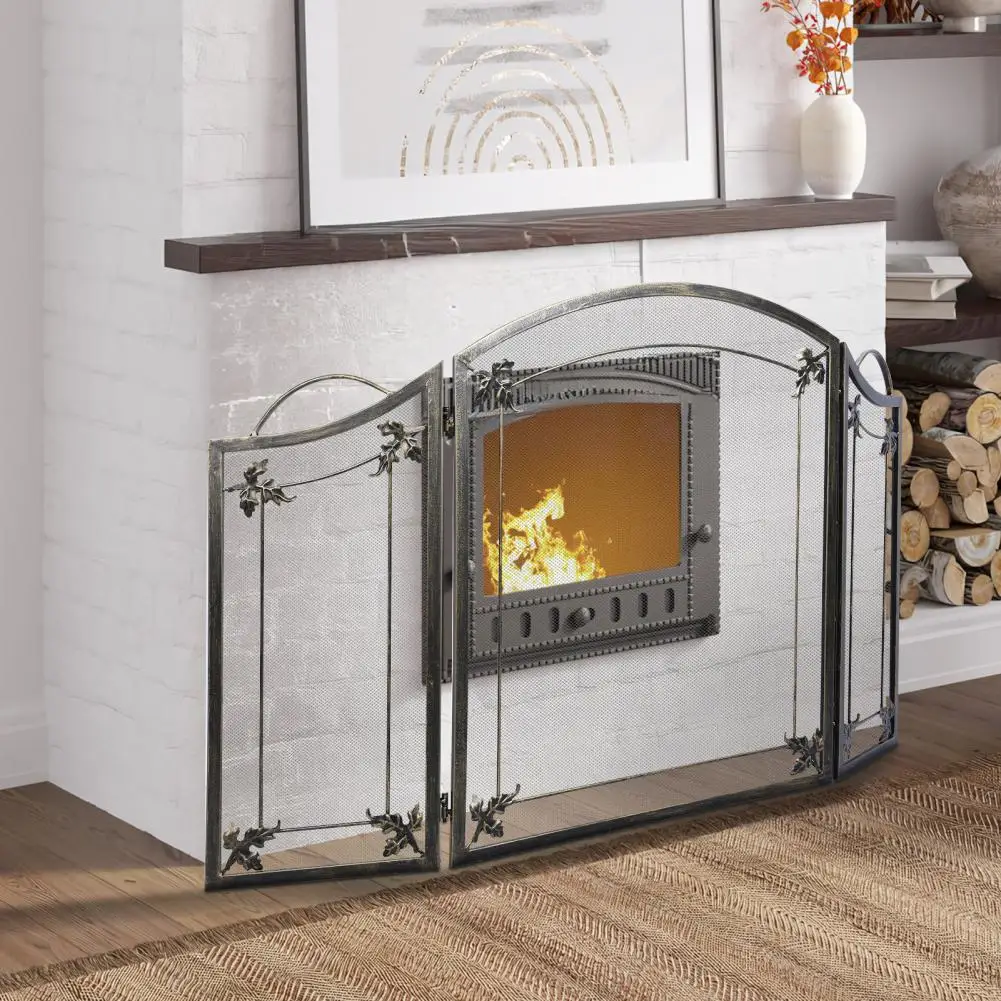 

Transparent Mesh Fireplace Screen with Curved Handle, Sturdy Welded Hinges Spark Prevention Living Room Fireplace Separation Scr