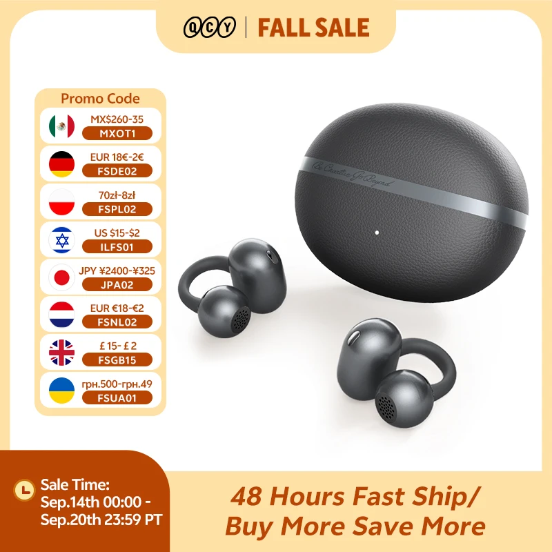 QCY Crossky C50 Open Ear Wireless Earbuds Bluetooth 6.0 Comfort Clip On Sports Earphone 4 Mic AI Clear Call Bass Boost Headphone