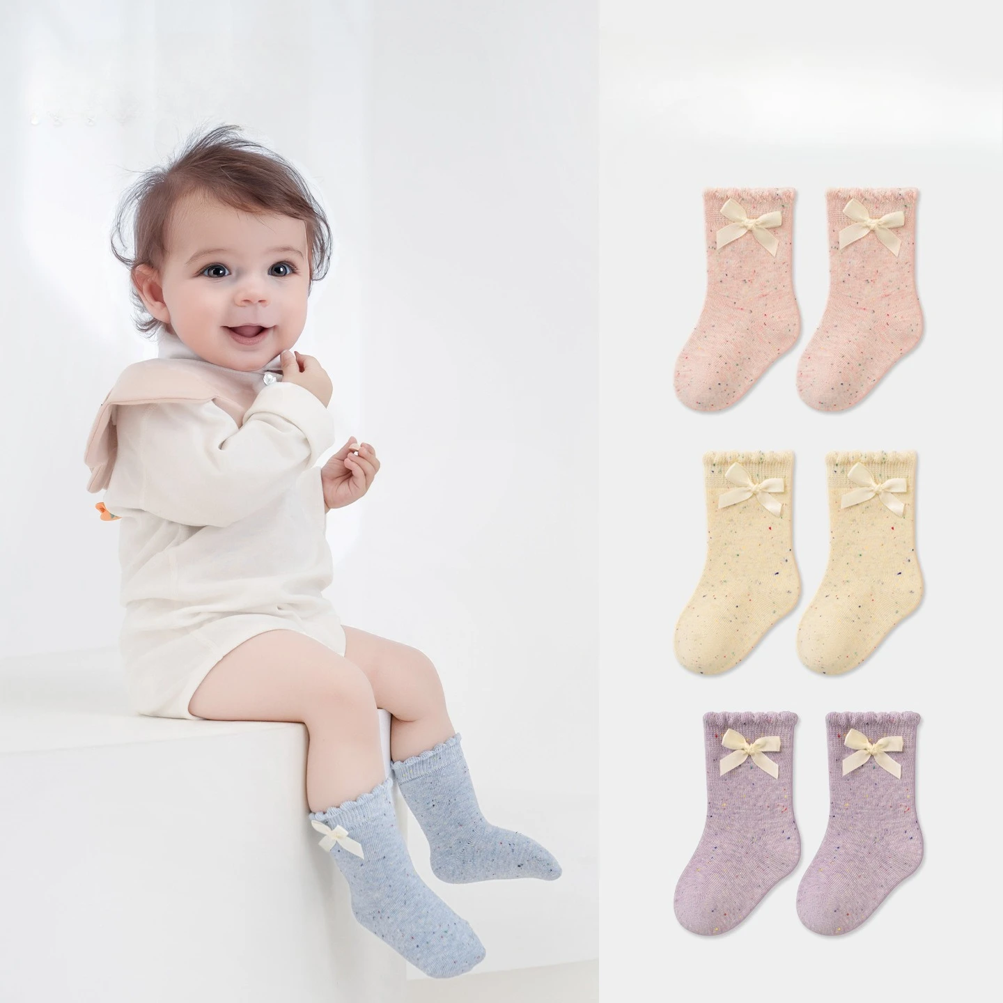 

Baby Socks Autumn Cotton Solid Color Infant Bowknot Princess Socks for Toddler Girls Kids Mid-Calf Socks
