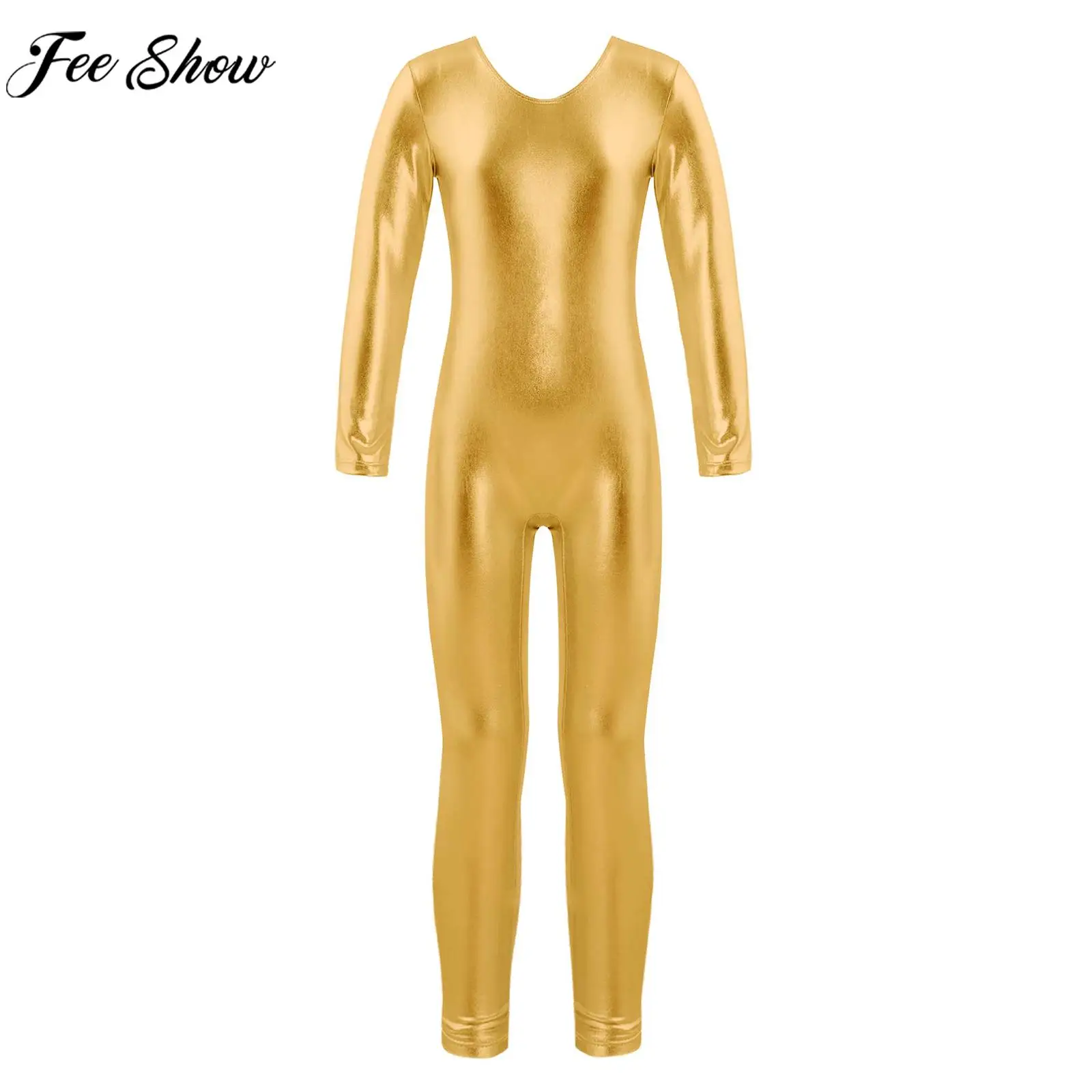 

4-14Y Girls Ballet Dance Leotard Long Sleeve Zipper Bronzing Cloth Bodysuit Gymnastics Yoga Acrobatics Stage Performance Costume