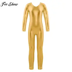 4-14Y Girls Ballet Dance Leotard Long Sleeve Zipper Bronzing Cloth Bodysuit Gymnastics Yoga Acrobatics Stage Performance Costume