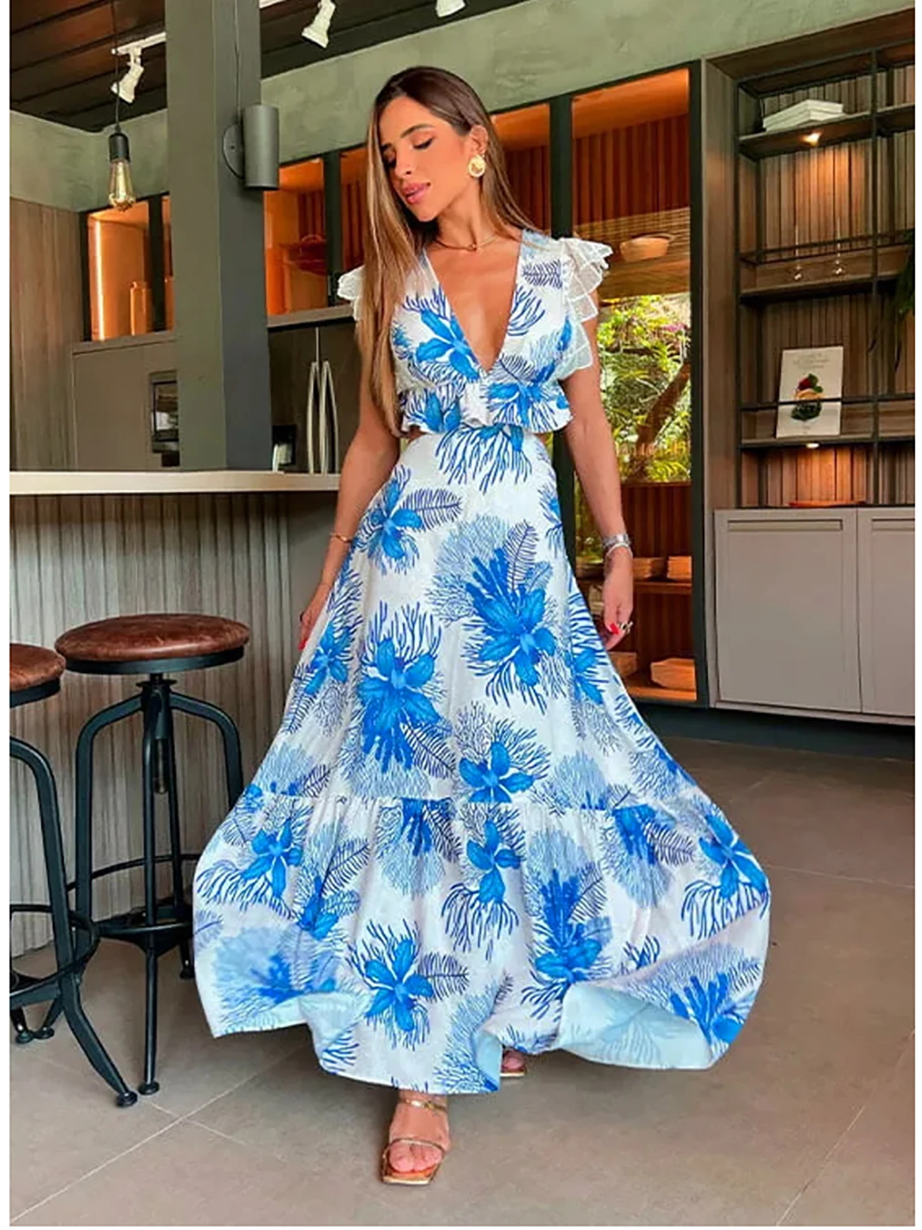 

Dresses For Women 2023 Summer Vacation Floral Print Beach Clothing V-neck Leaky Waist Casual Female Dress