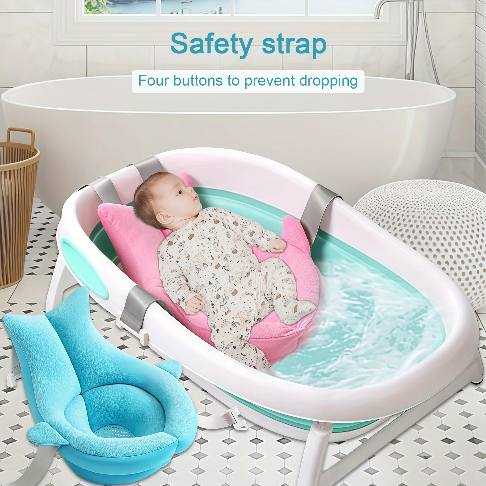 

1 Piece, Whale-Shaped Infant Bath Support Cushion, Four-Point Buckle Support, Non-Slip Ergonomic Bath Cushion, Suitable for Newborns Aged 0-1 Years