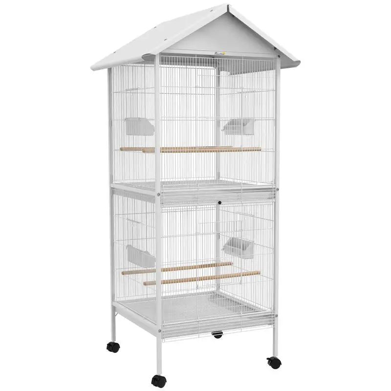 

2-in-1 Bird Cage with 2 Floors, Wheels, 4 Feeders, 4 Perches, and Removable Trays, 78X75X168 Cm, White