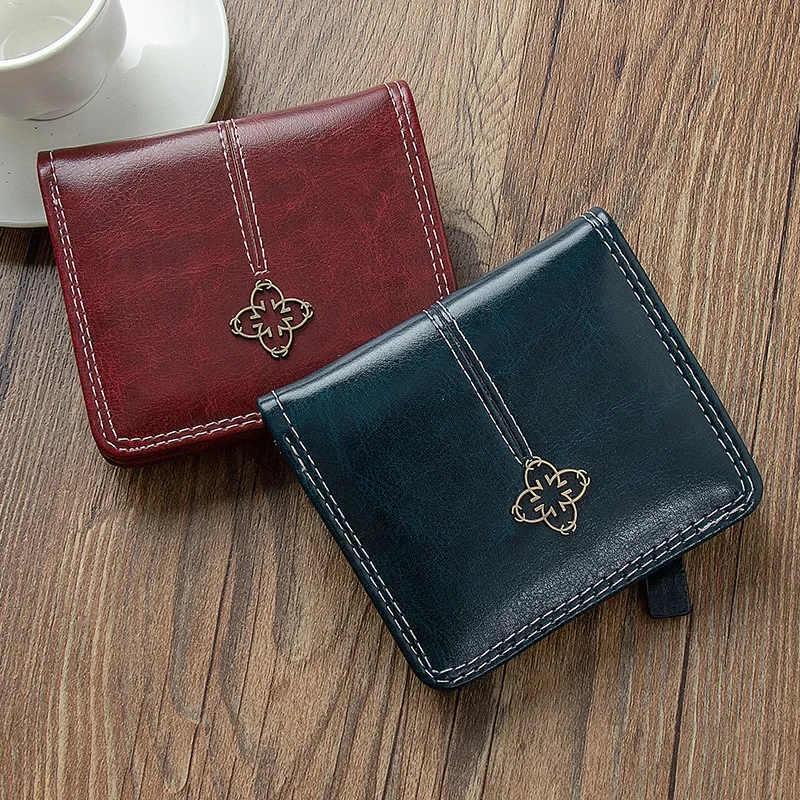 

Small Purse for Women Short Two-fold Buckle Soft Leather Student Zipper Coin Purse for Women Holding Multi-card Bag