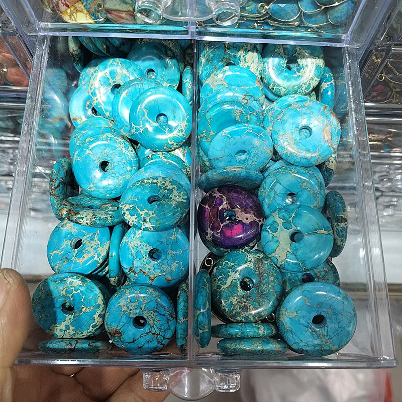 

2 шт. синих подвесок из императорского яшмового камня, круглой формы, размер 30 мм, хорошее качество, для модных ювелирных изделий.