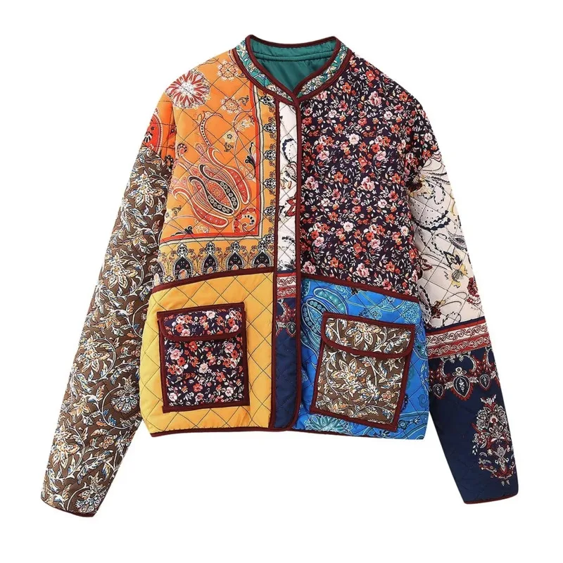 Women's Color-Block Patchwork Small Floral Cotton Jacket Women Patchwork Quilted Jacket Floral Print Padded Coat For Autumn P35N view 5