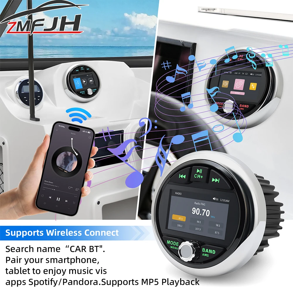 

Водонепроницаемый морской стерео MP5-плеер, Bluetooth-совместимый FM AM USB-порт, AUX-радио, медиаплеер для лодок, квадроциклов, UTV, аксессуары