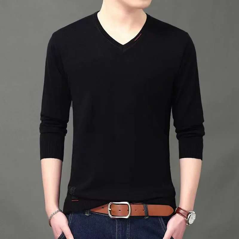 Spring Autumn V-neck Knitted Long Sleeve Male Clothes All-match Casual Men's Social Shirt Free Shipping Top Men T Shirt Z609