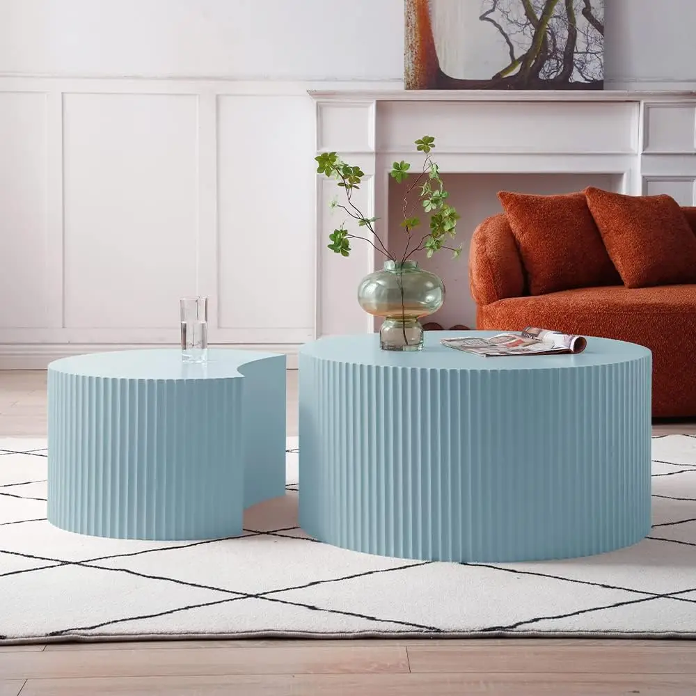 

WILLIAMSPACE Nesting Coffee Table Set of 2, Matte Blue Round Wooden Coffee Tables, Modern Luxury Side Tables Accent End Table