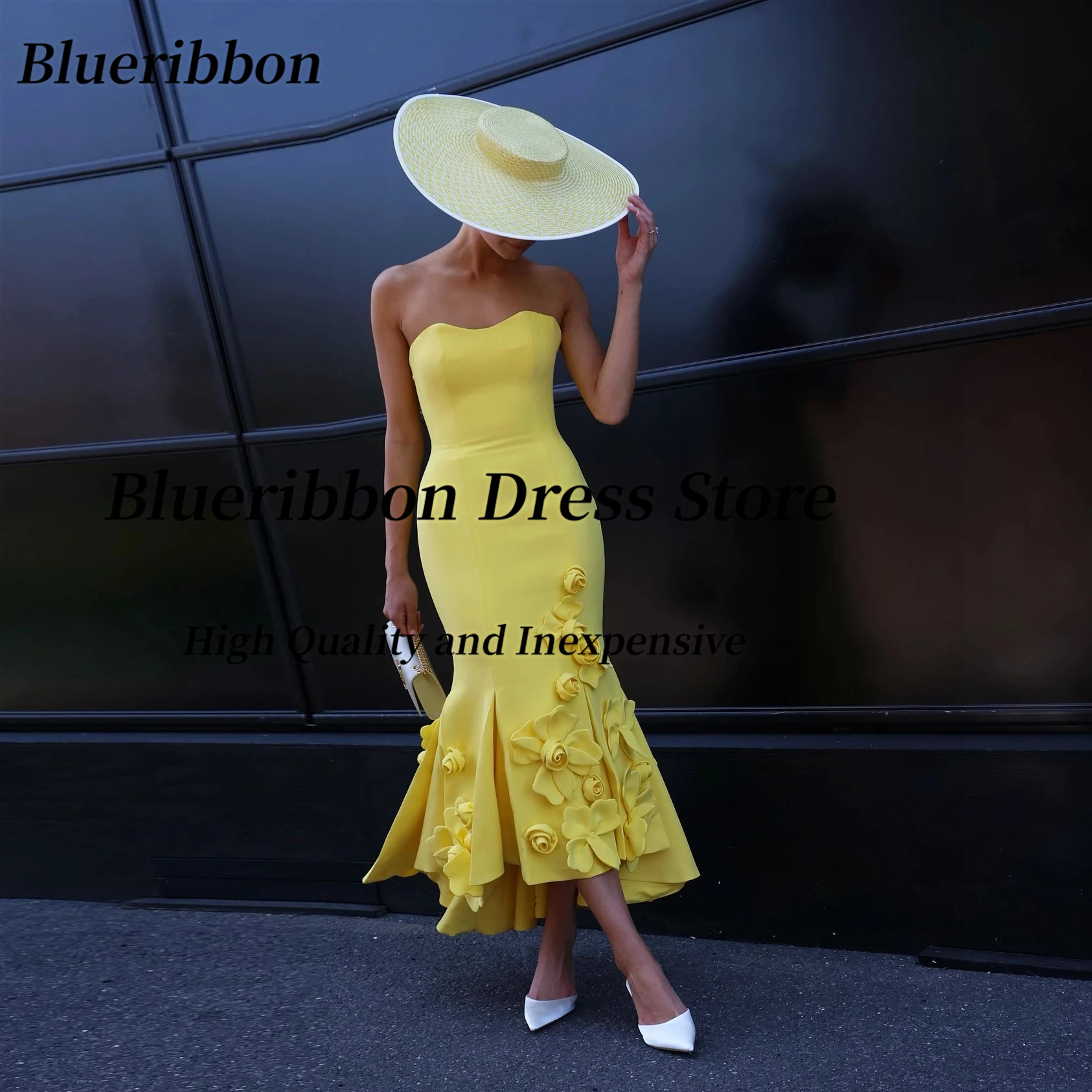

Blueribbon Современные девушки носят желтые платья для выпускного вечера Милые цветы Индивидуальное платье для особых случаев с открытой спиной Вечерние платья