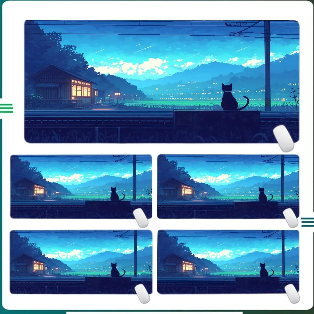 قطة سوداء ونباتات خضراء في غرفة النوم، لوحة ماوس كبيرة لطاولة مكتب الكمبيوتر، حصيرة مطاطية مضادة للانزلاق للوحة مفاتيح الألعاب #3