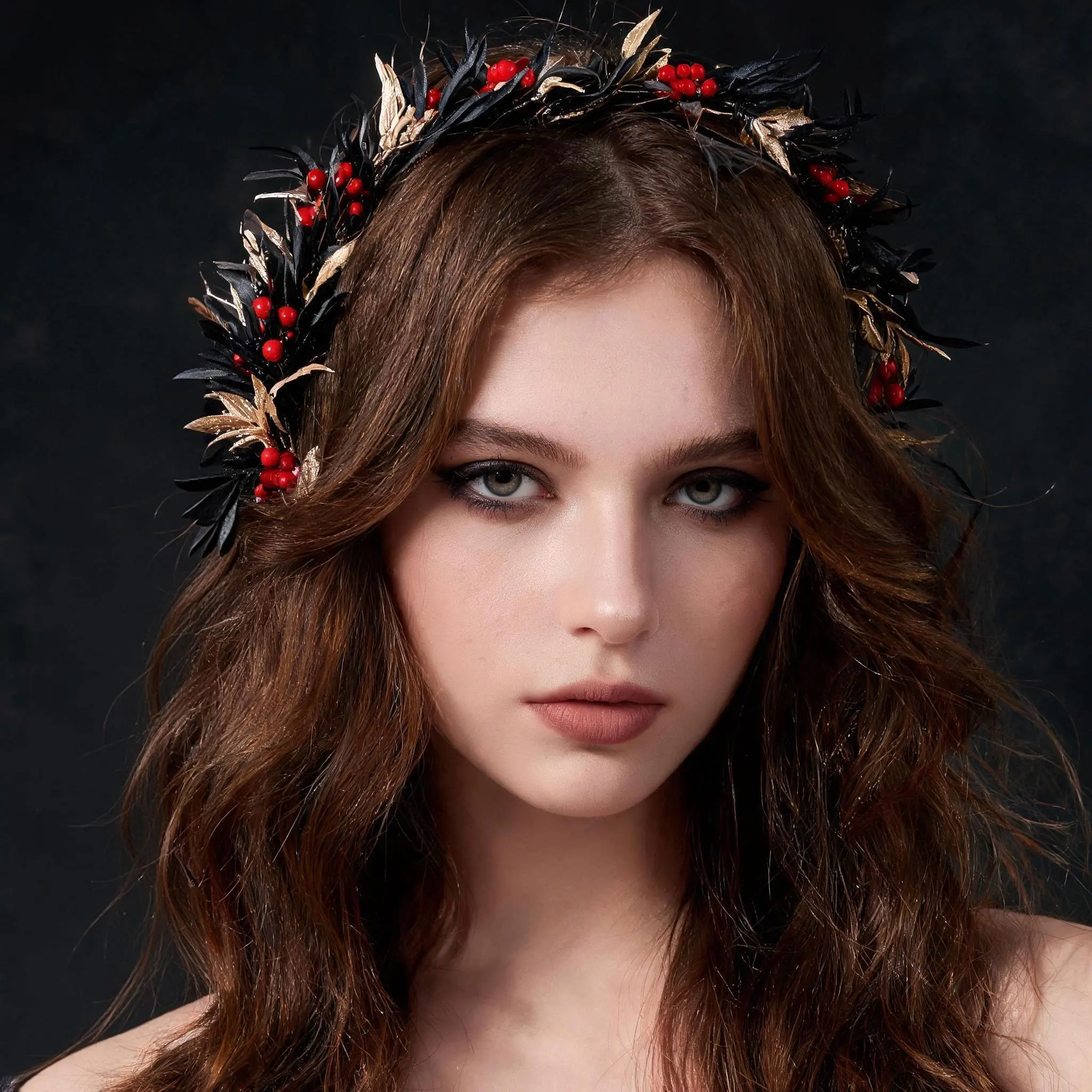 

Dark-style wreath featuring red berries and black-and-gold leaves—perfect for Halloween hair accessories, weddings, and parties.