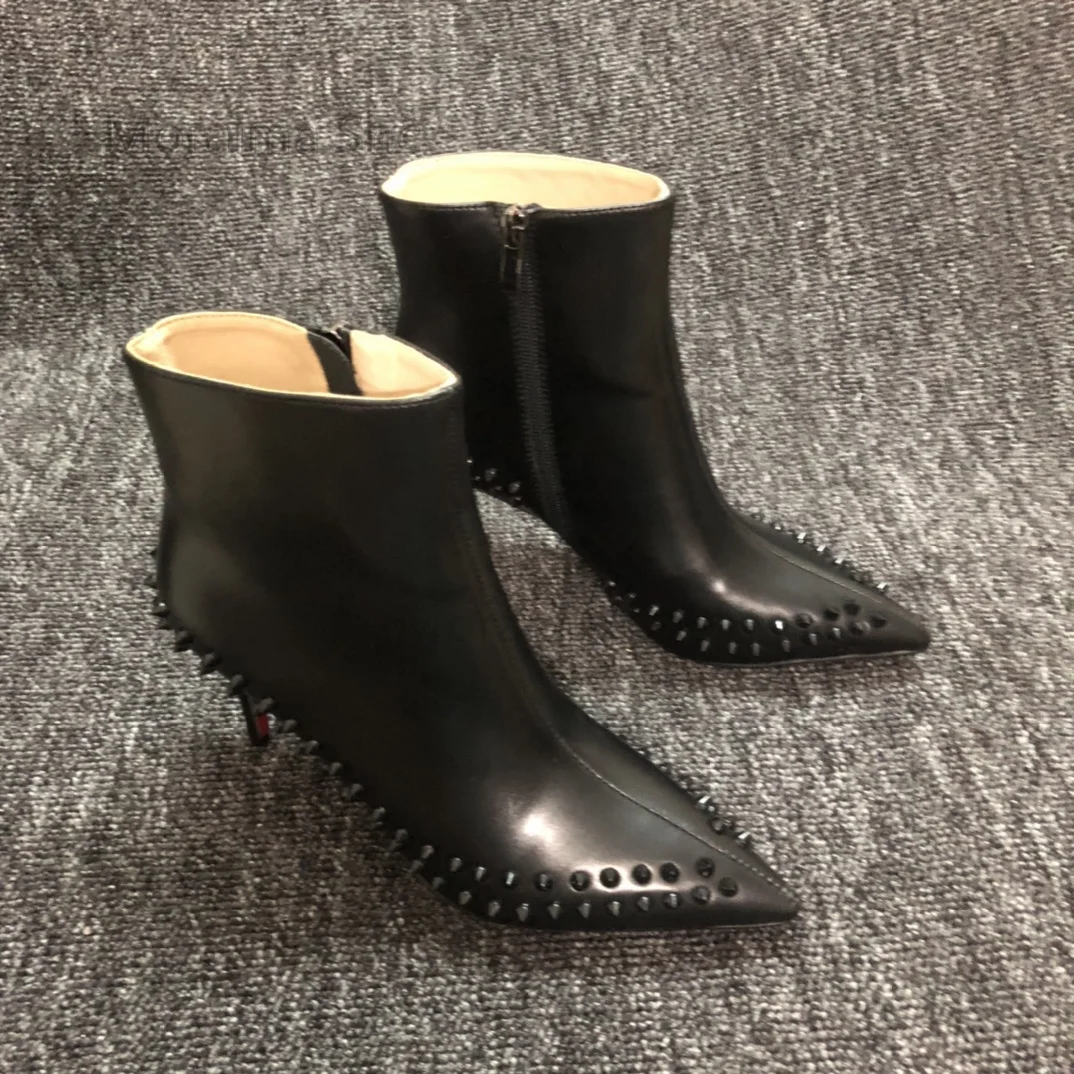 

Pointed Toe Stiletto Rivet Ankle Boots for Women Black Genuine Leather Catwalk Winter Fashion Side Zipper High Heels Boots