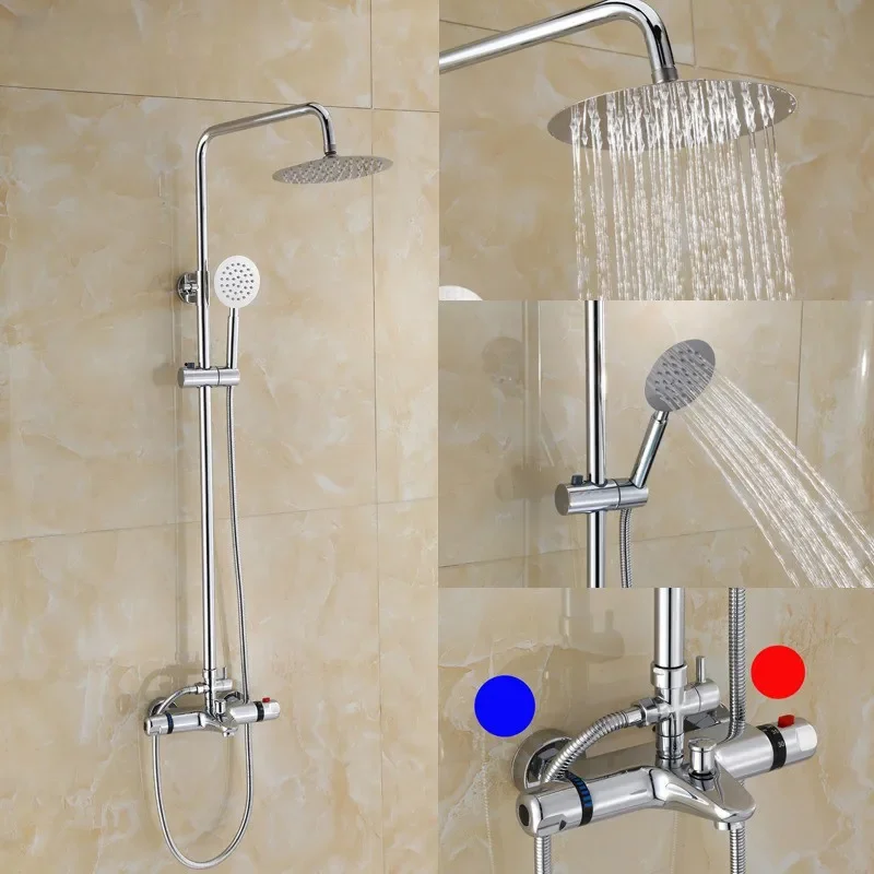 

Thermostat Rain Shower Set Brass Bath Faucet Wall Mounted Bathtub Mixer Tap Hot Water on Right Side