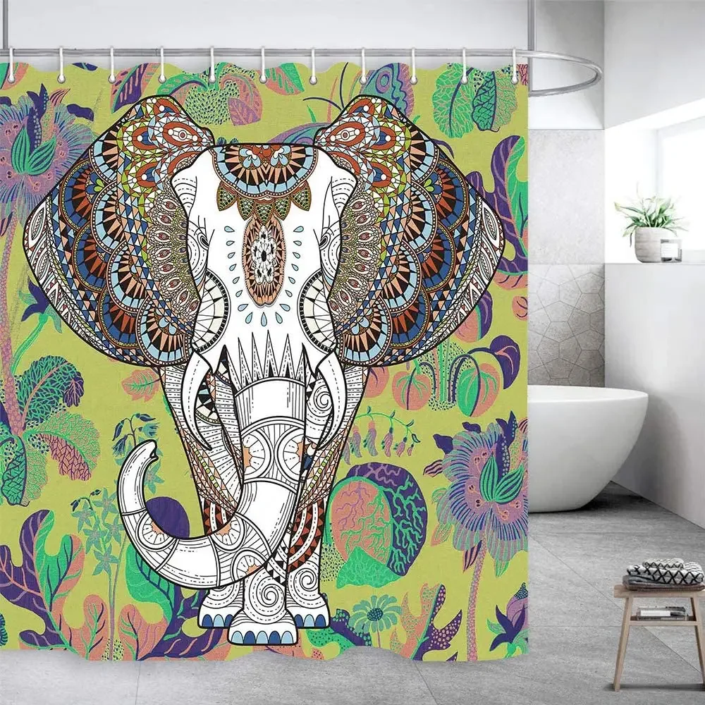 Bohemian Elephant Shower Curtain Indian Tropical Jungle Plants Colorful Ear Polyester Set with Hooks