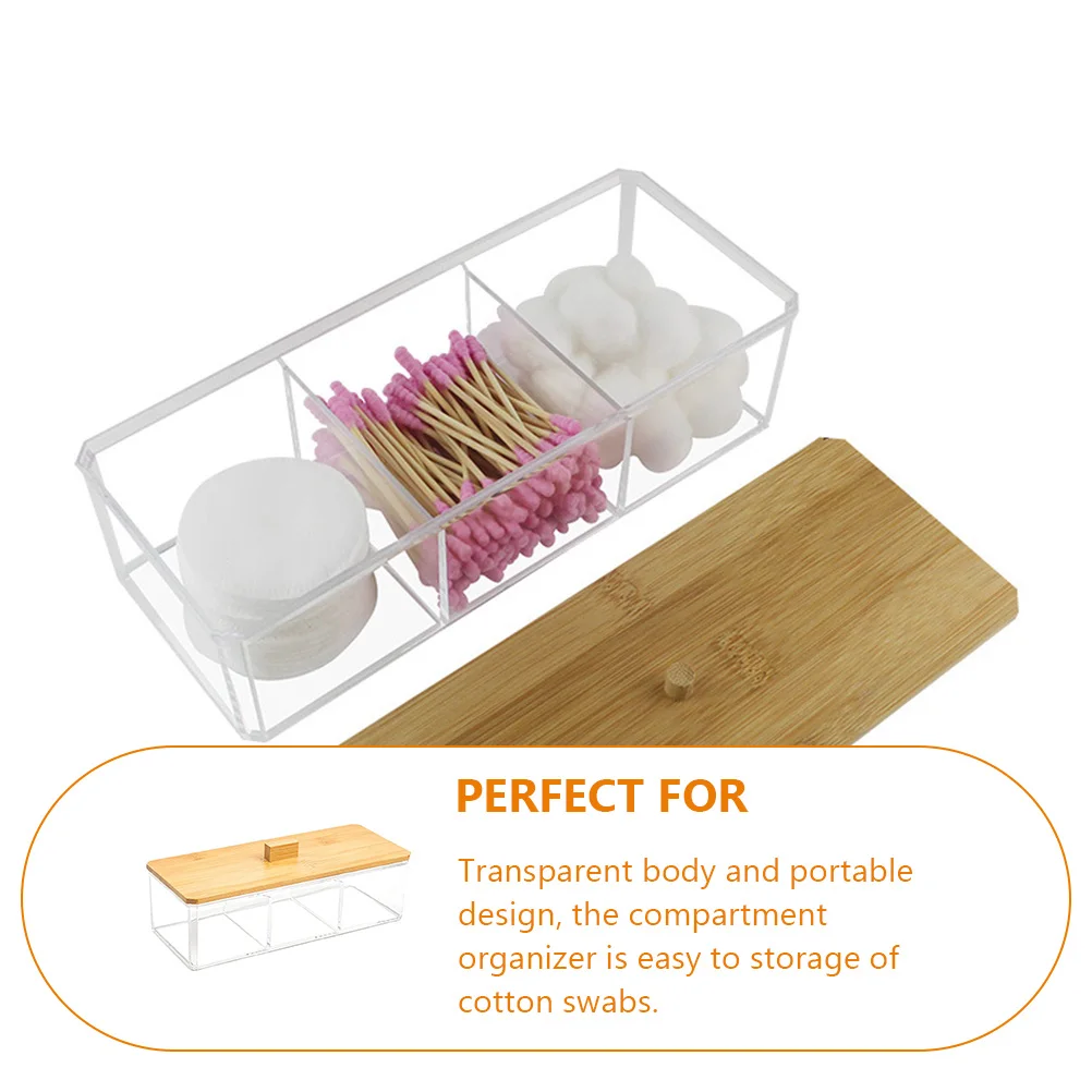 

3 Compartment Organizer Bamboo Lid Storage Container Swabs Dispenser Bathroom Countertop Accessories Transparent Body