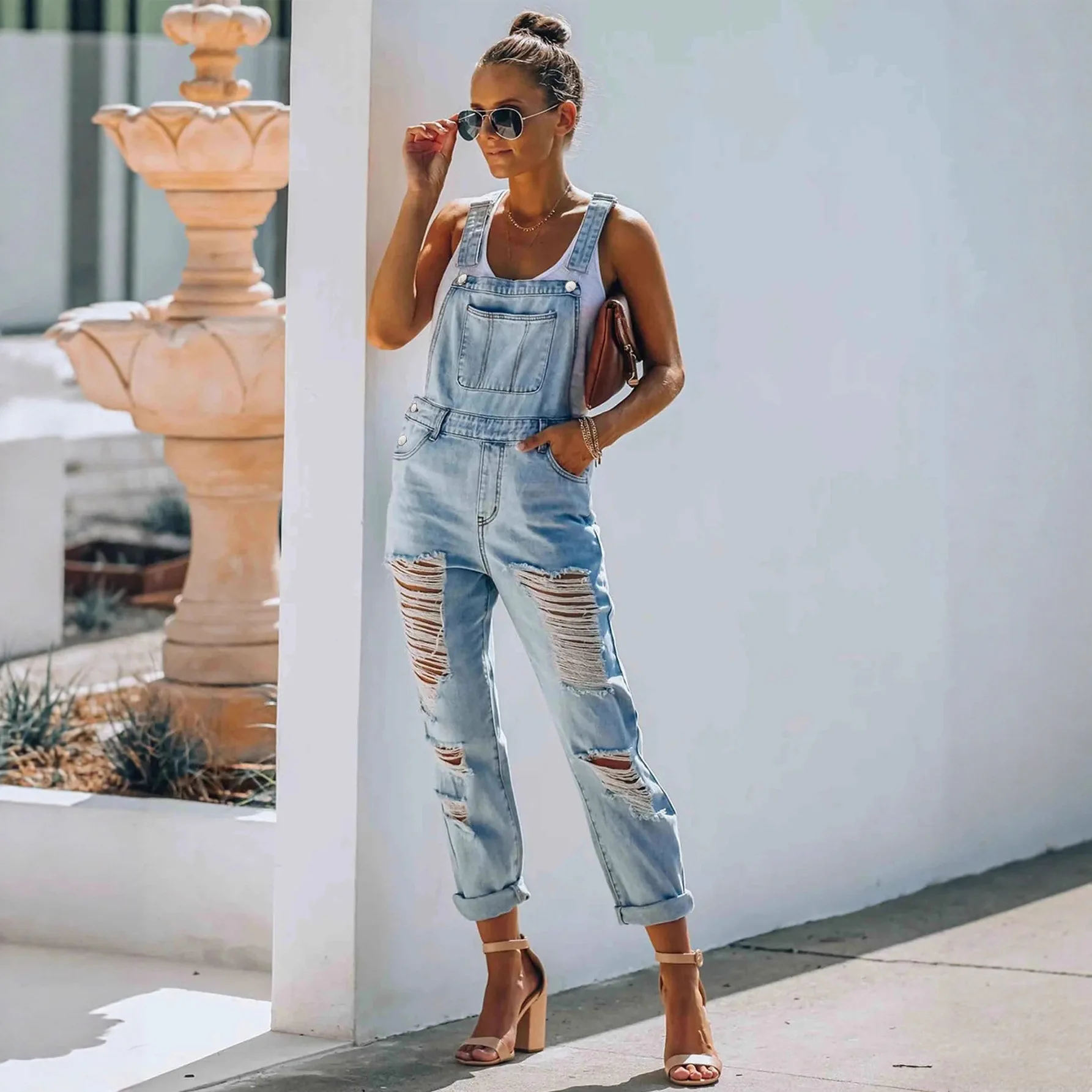 

Women's Hole Denim Suspender Pants Jumpsuit Overall Jeans Loose Fit Casual Deep Blue Color Spring Season Fashion Trend