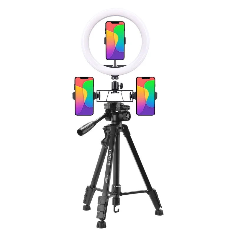 

Live streaming stand with multiple mobile phones and fill light, floor standing tripod, sound card tray, microphone pole