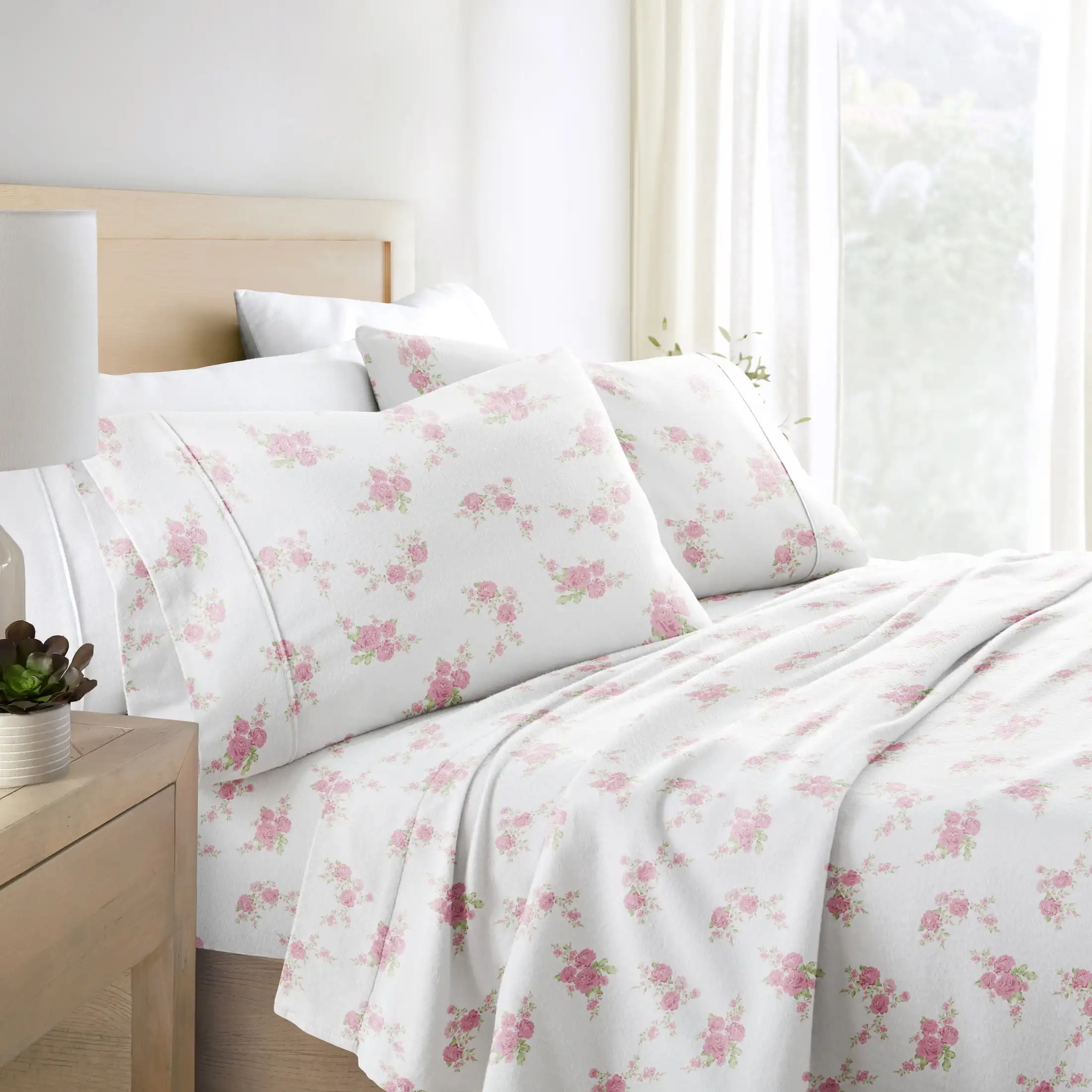 

Pink Rose Bunch 4 Piece 100% Cotton Flannel Deep Pocket Sheet Set, Full, by