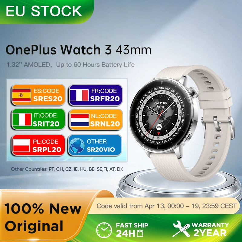 Version globale de la montre connectée OnePlus Watch 3, 43 mm, écran AMOLED de 1,32 pouce, processeur Snapdragon W5, GPS double fréquence, Wear OS