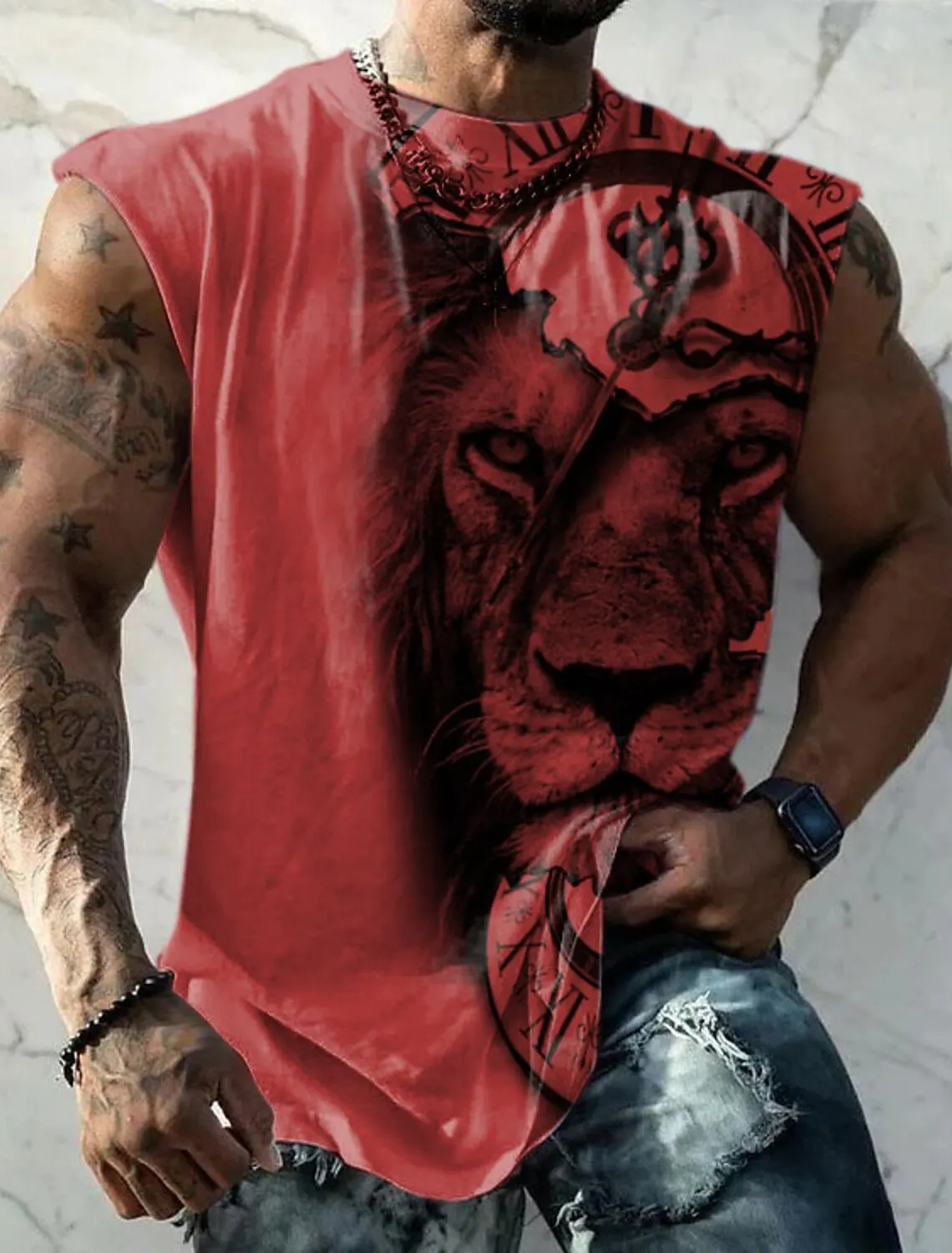 Men's Tank Top Sleeveless T Shirt Patterned Animal Lion Crew Neck Clothing 3D Prints Everyday Sports Fitness Muscle Elements