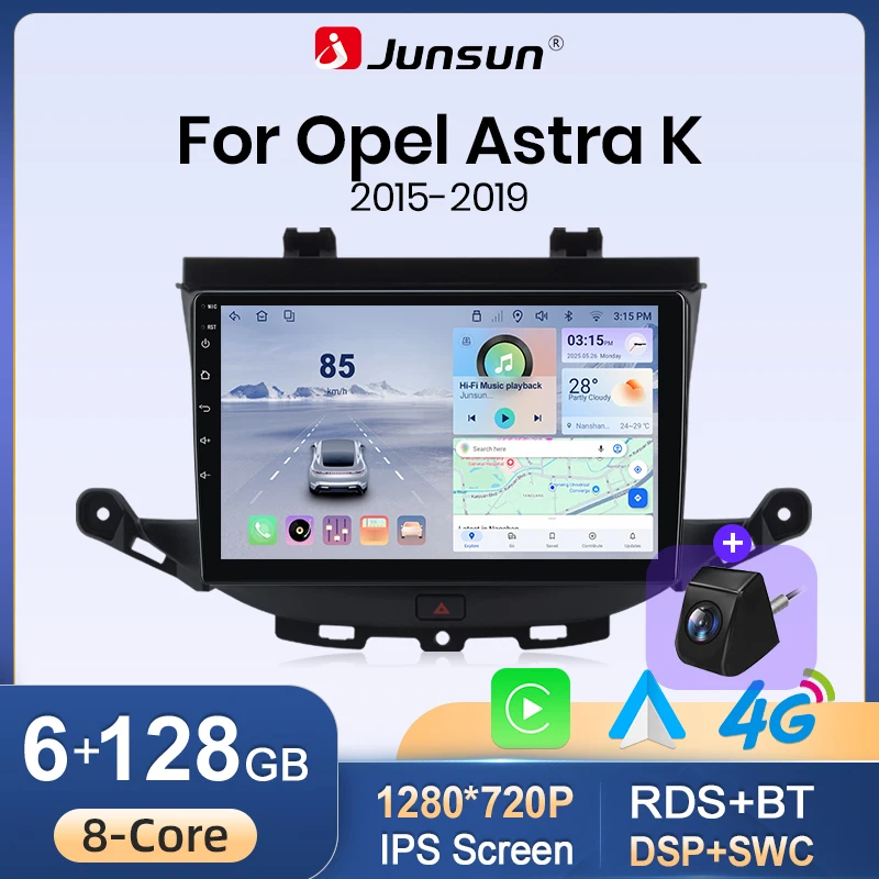 Autoradio Junsun Android 15 sans fil CarPlay Android Auto pour Opel Astra K 2015-2019, navigation GPS, lecteur multimédia, WiFi 4G, DSP, RDS, Bluetooth, écran partagé, écran tactile IPS, unité centrale stéréo