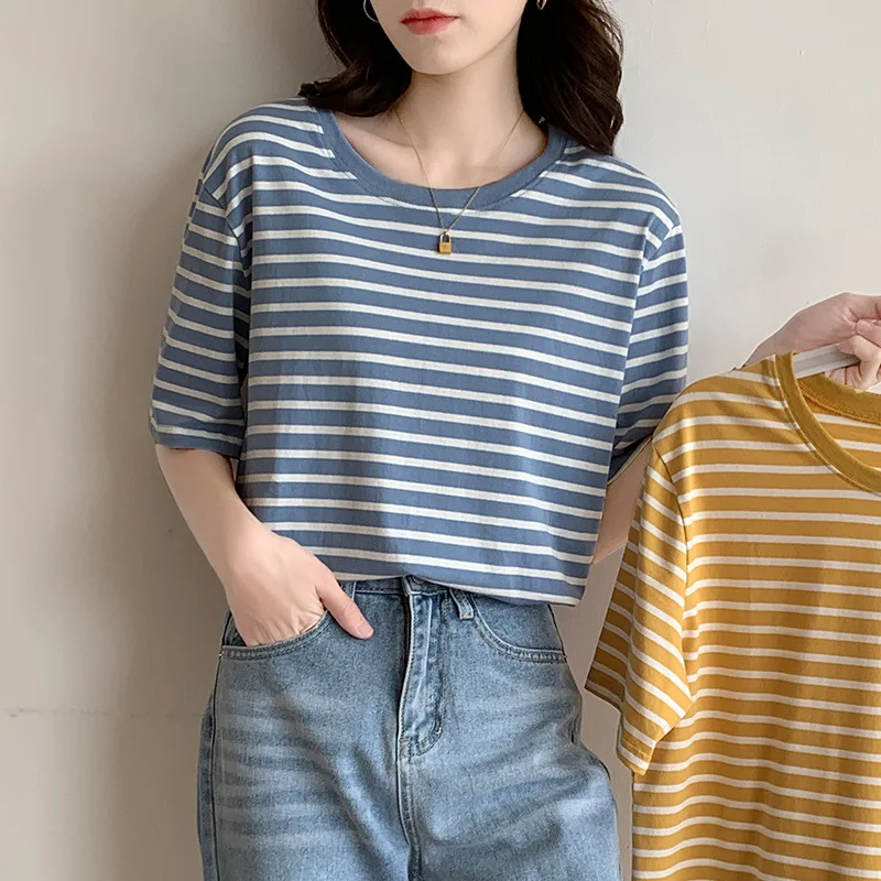 Damen Kurzarm-T-Shirt, leichtes, lockeres Oberteil für Erwachsene und Mädchen, reine Baumwolle, gestreiftes T-Shirt, lässiges Studenten-Oberteil, bequem