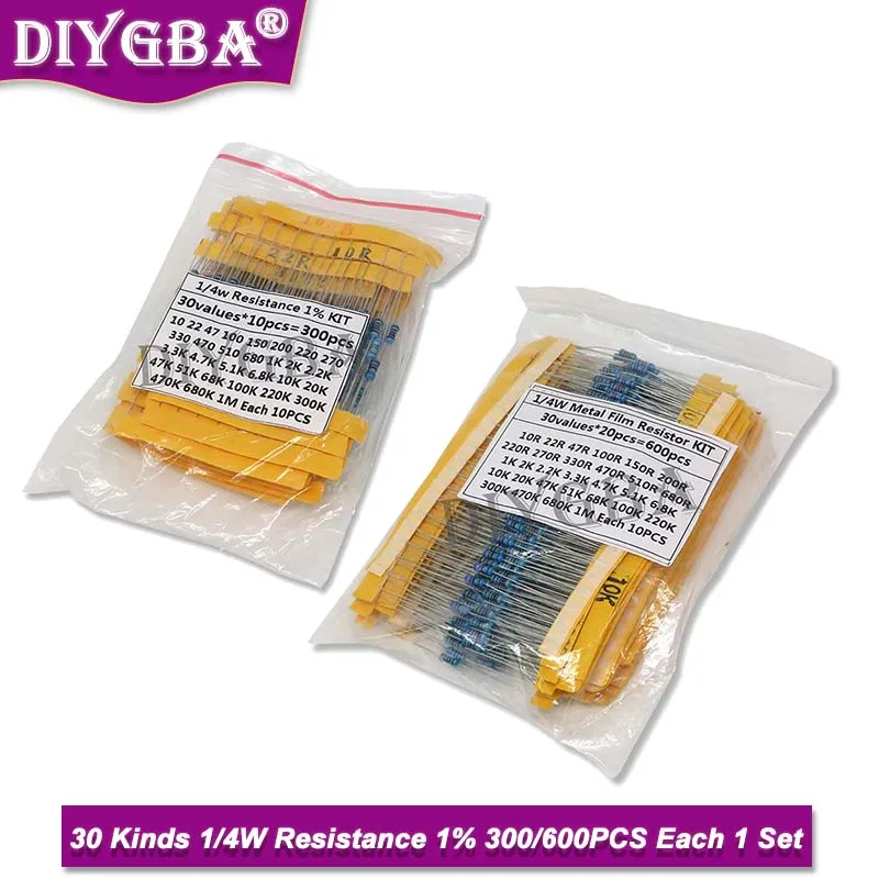 عبوة مقاومة أغشية معدنية ، طقم مقاوم متنوع 30 نوعًا ، 1K ، 10K ، K ، 220 أوم ، مقاومات 1 م ، شعيرة ،