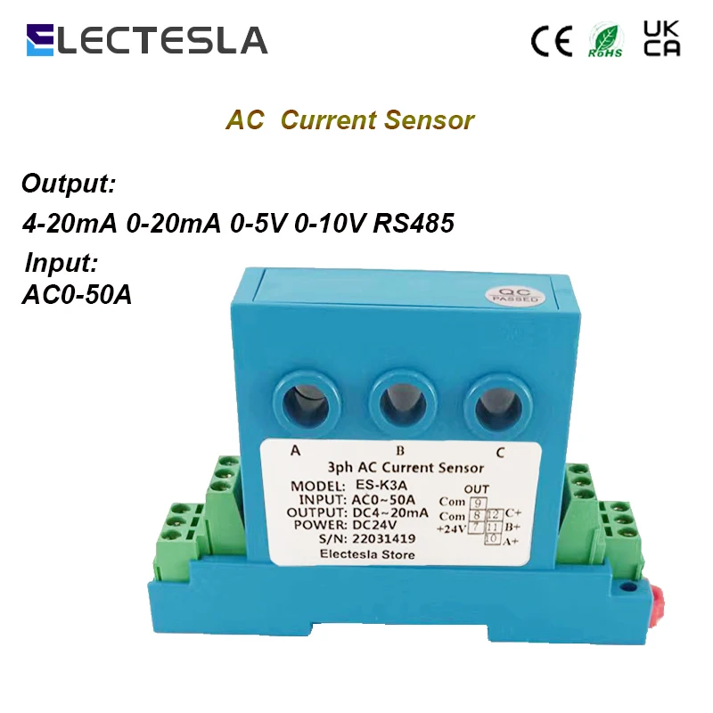 

Three Phase Split Core Hall Current Sensor 4-20mA Analog Signal Converter Current Transmitter Input AC 10A 30A 50A Output 0-5V