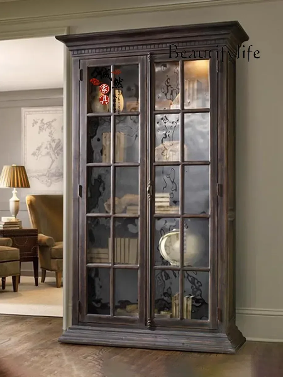 

French retro solid wood bookcase bookshelf American old glass door display storage storage side cabinet
