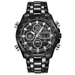 Men Big Brand CURDDEN Dual Time Watches Fashion Alloy Band Multi-function Chronograph Business Watch Montre Homme Black 2024