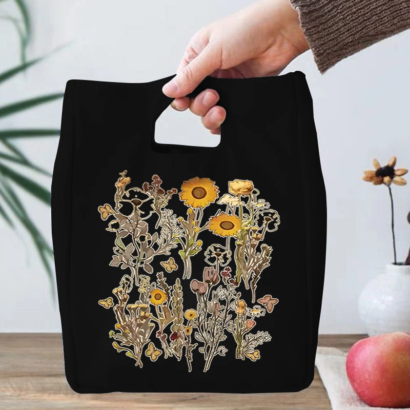 Butterfly Flower Pattern Designs Portable Lunch Bag Women Boho Flower Insulated Canvas Lunch Bag Students Lunch Picnic Food Bags