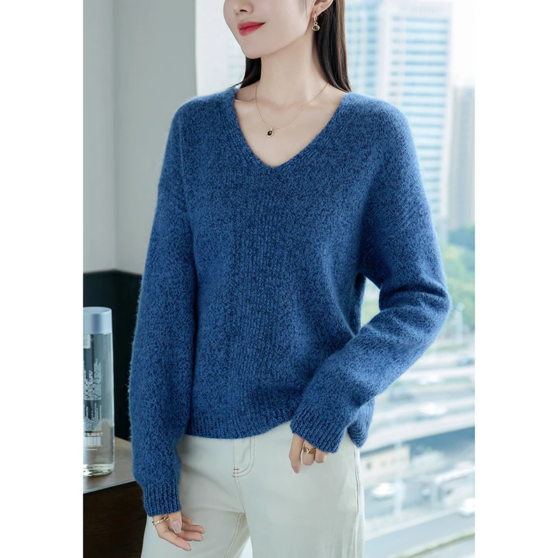 100% Wool Women's Sweater Winter Thickening V-neck Polychrome Warm Loose Large Size Heat Pullover 2024 Female