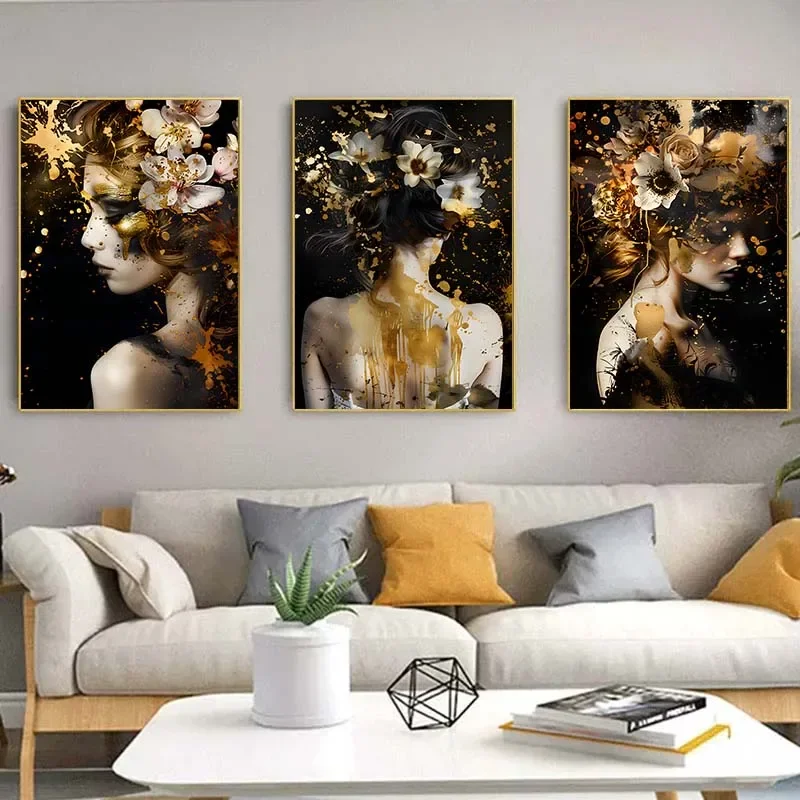 Abstract Black and Gold Floral Woman Canvas Painting Flower Portrait Poster Print Wall Art Pictures for Modern Home Decor Cuadro