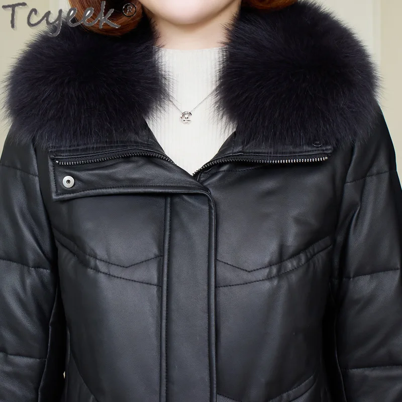 Tcyeek Genuine Leather Down Jacket Women Winter Jackets Mid-length Real Sheepskin Coat for Woman Clothing Warm Fox Fur Collar