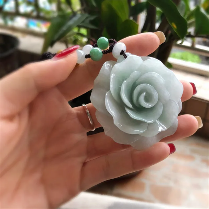 Direct Supply Large Peony Jade Flower Sweater Chain Jade Pendant Women's Jade NecklaceAGoods Myanmar Jade Rose Pendant