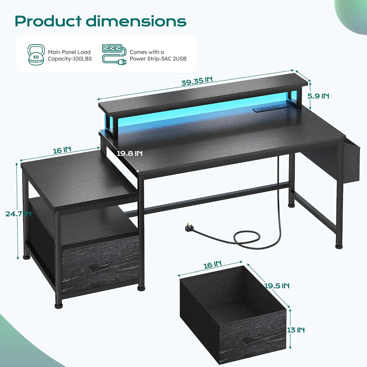 Office Desk with Drawers & Printer Shelf, 3 Outlets & 2 USB, LED Lights, Monitor Stand & Pockets, Home Office, 56.5