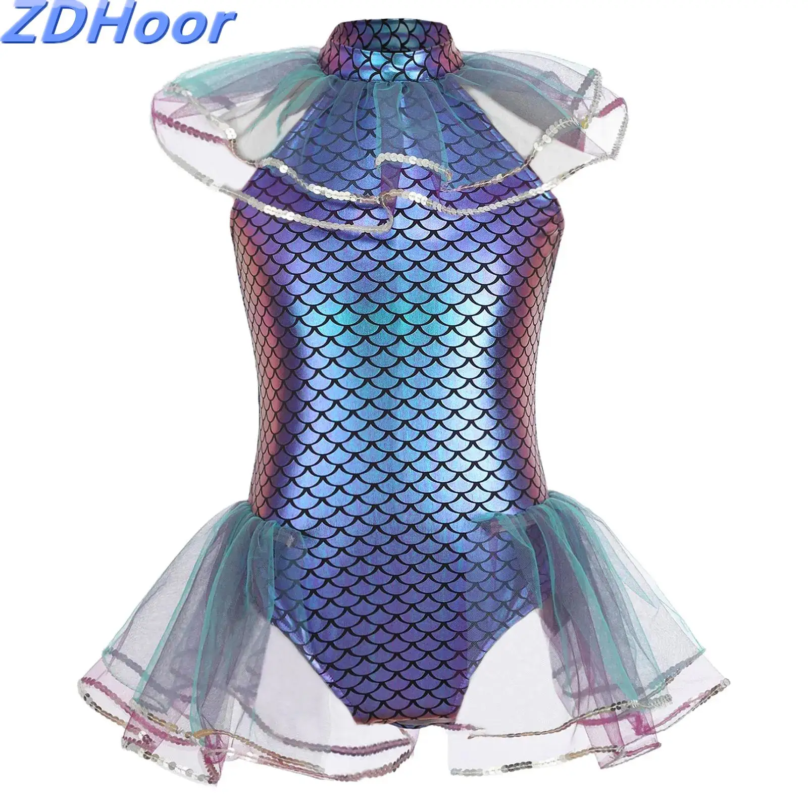

Kids Girls Mermaid Cosplay Leotard Mermaid Fish Scales Print Mesh Sequins Bodysuit with Arm Sleeves for Halloween