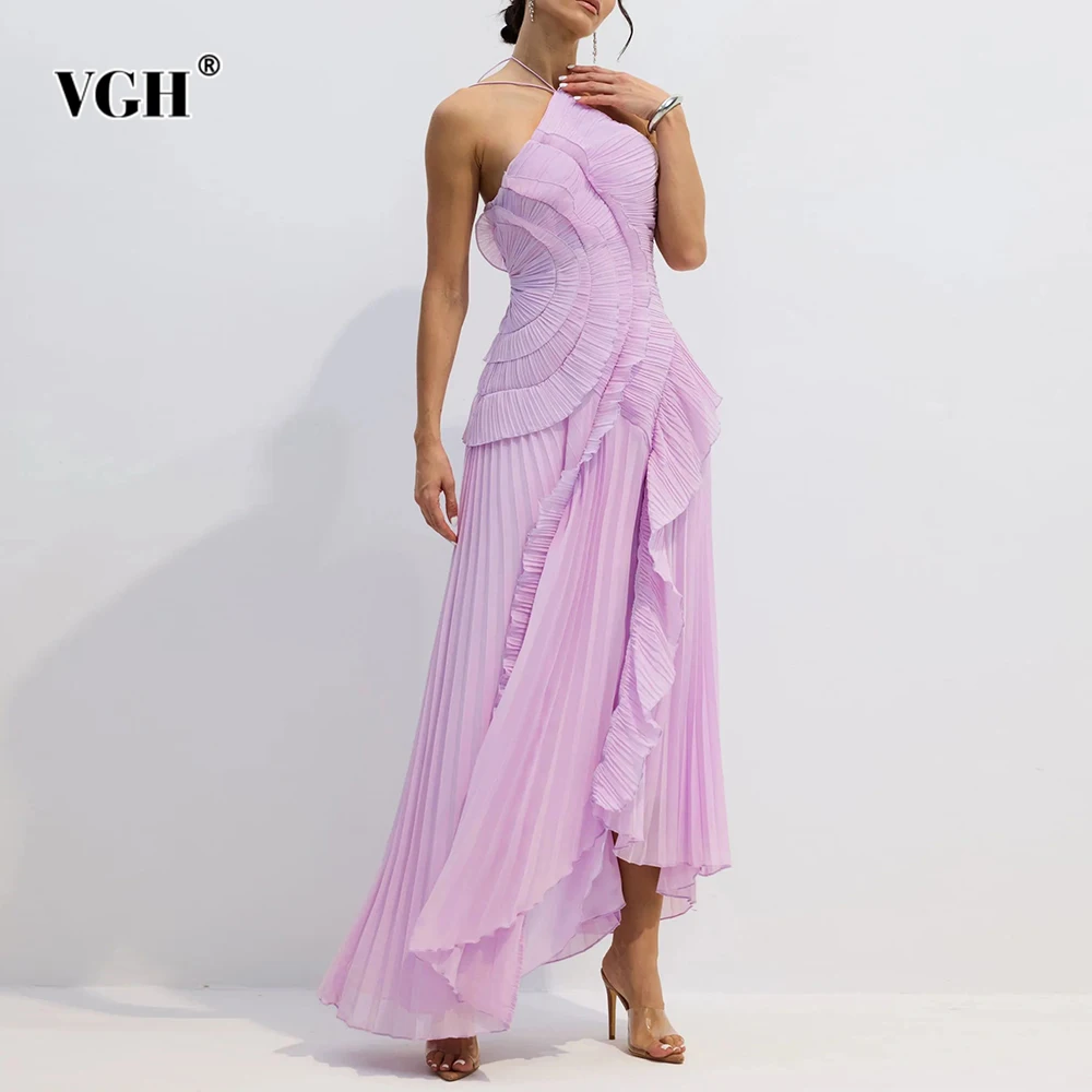 

VGH Casual Solid Slimming Folds Long Dresses For Women Square Collar Sleeveless Backless High Waist Summer Chic Dress Female New