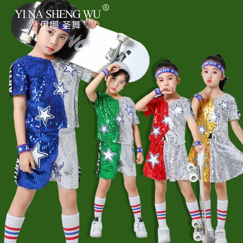 

Детские танцевальные костюмы с блестками, современный хип-хоп, джазовый танцевальный костюм для уличных танцев, комплект топов и юбок с блестками для мальчиков и девочек