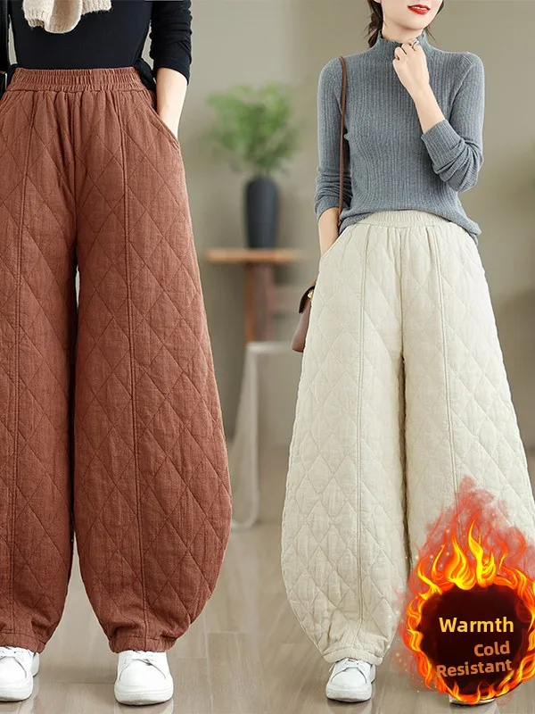 Women's Thickened Cotton-Polyester Blend Lantern Pants High Waist Long Trousers Retro Stitching Diamond Pattern Winter Outerwear